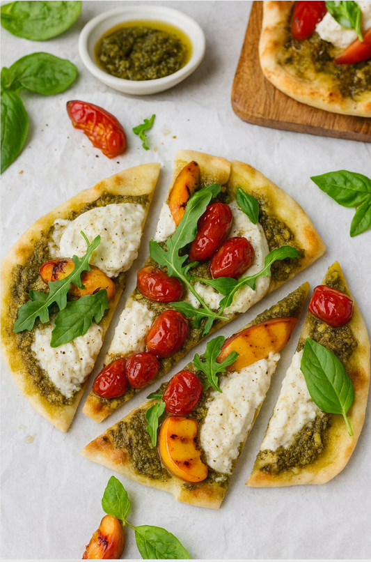 Grilled Peach Pesto Pizza: Gluten Free, Dairy Free and Nut Free