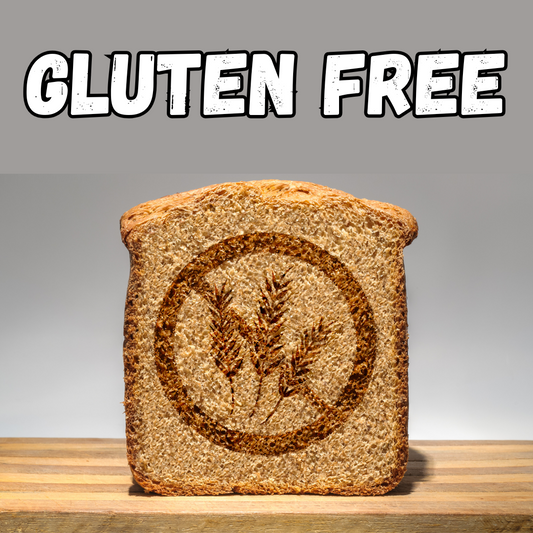 a gluten free bread with the title in the top that says gluten free. The bread is brown, looks like wholegrain, and has a no gluten sign in it.