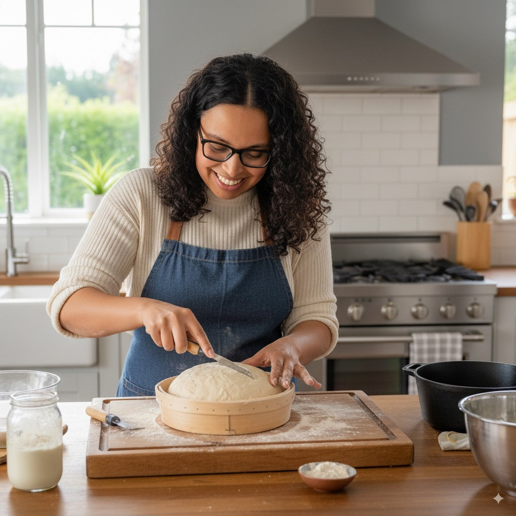 A woman with dark glasses and curly hair is smiling while looking at a gluten free sourdough bread dough. She has a knife and it's about to score it. 