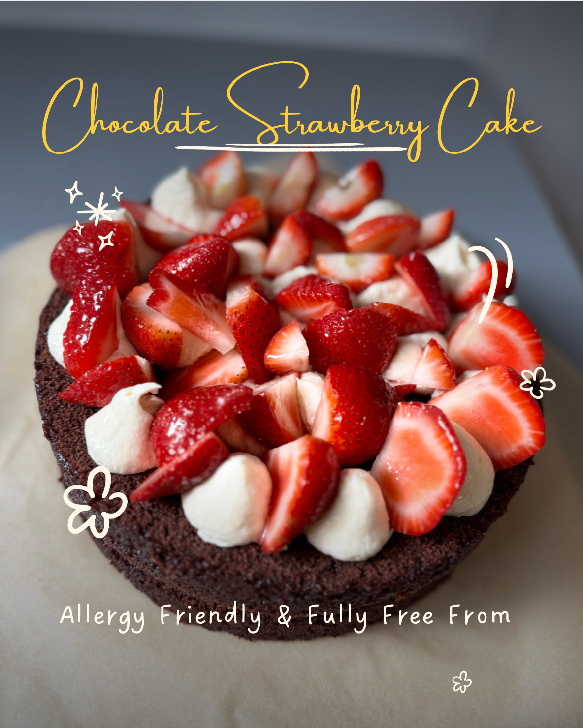 Allergy Friendly Chocolate Strawberry Cake Recipe Card